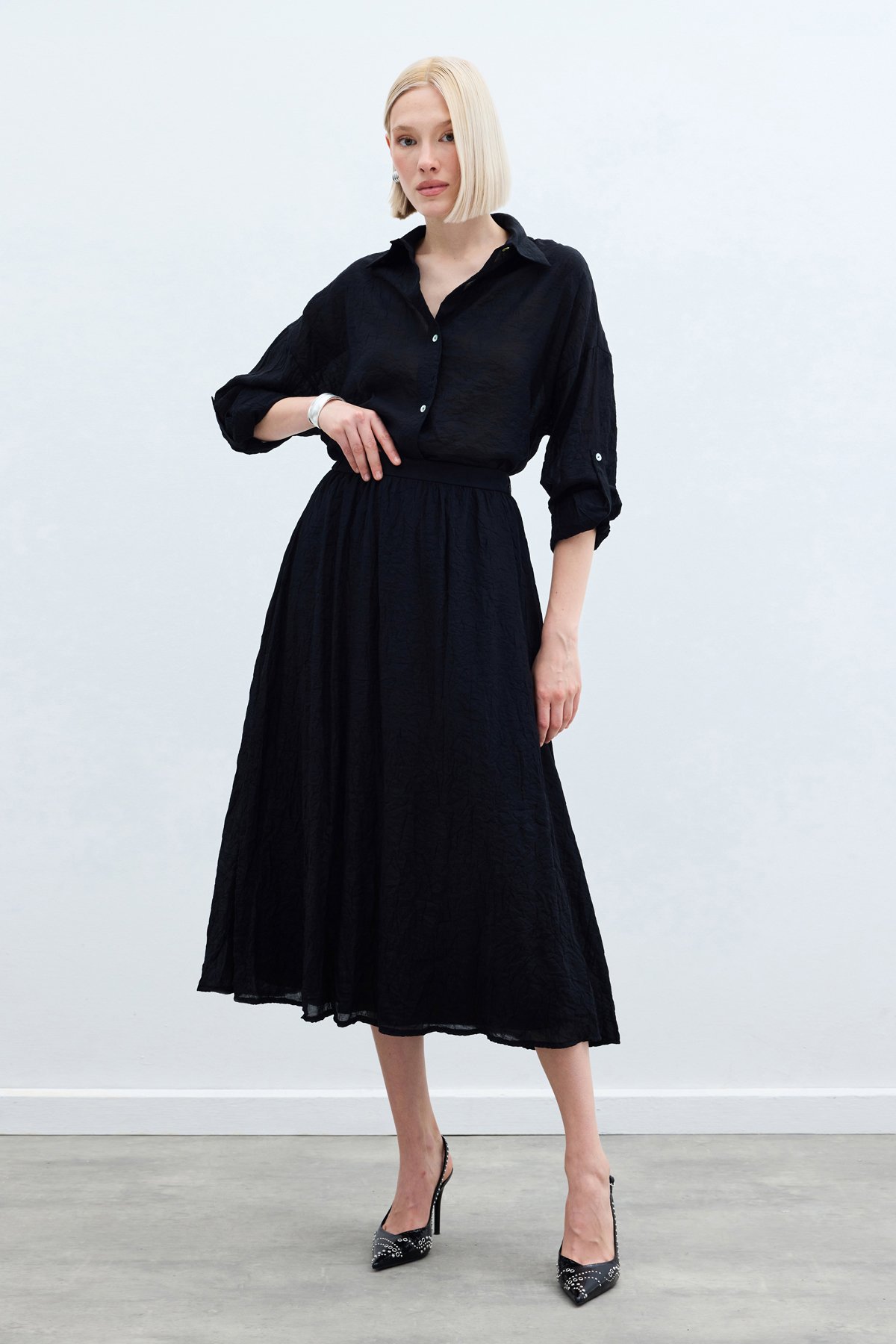 Kraşlı Kloş  Etek - Siyah