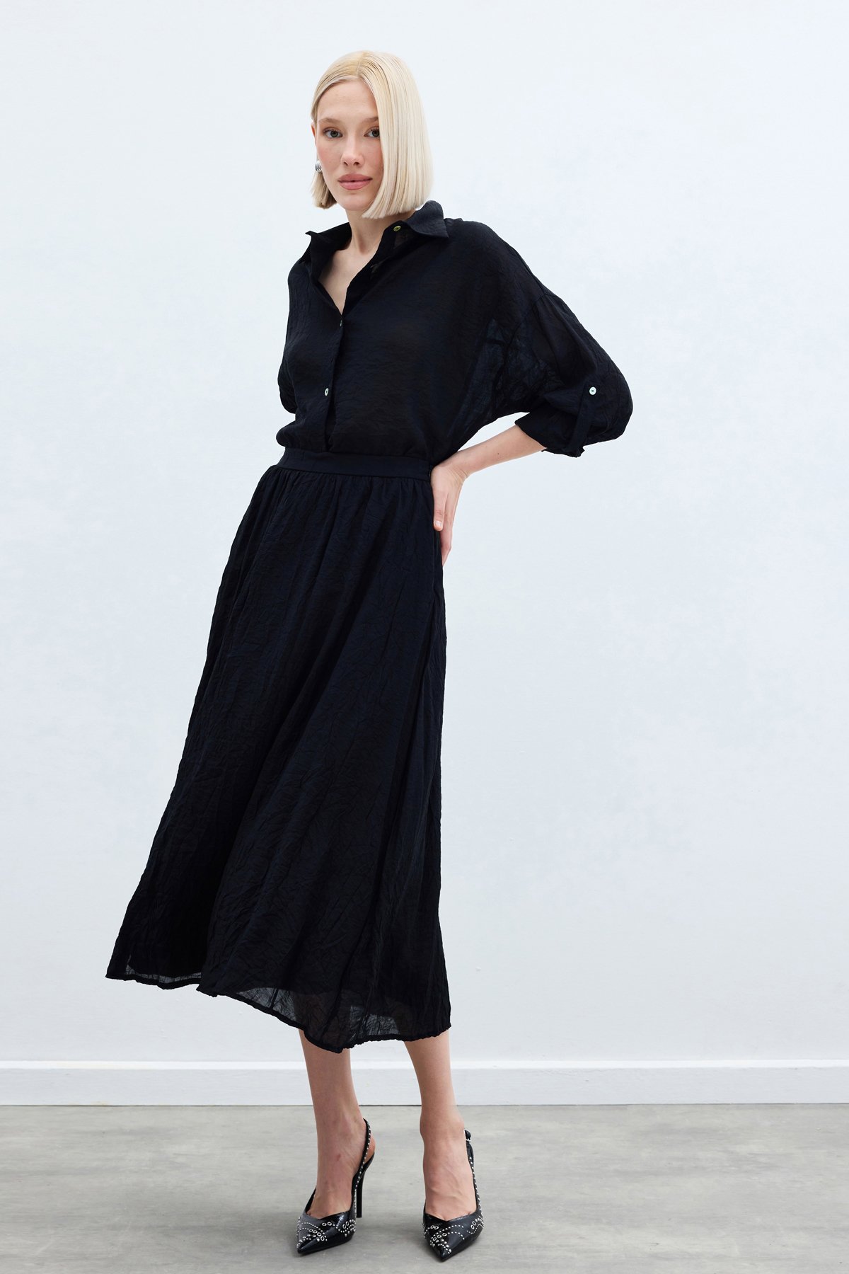 Kraşlı Kloş  Etek - Siyah