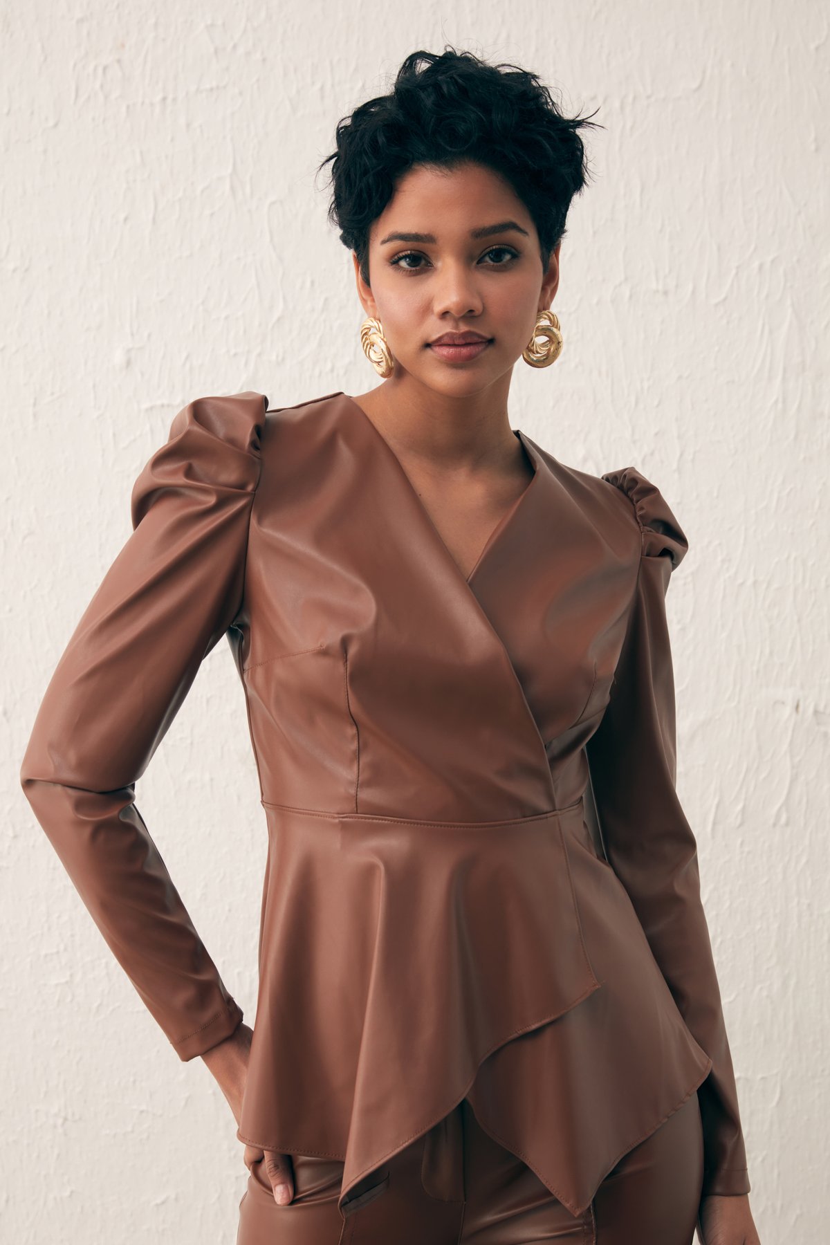 Kruvaze Deri Bluz - KAHVE