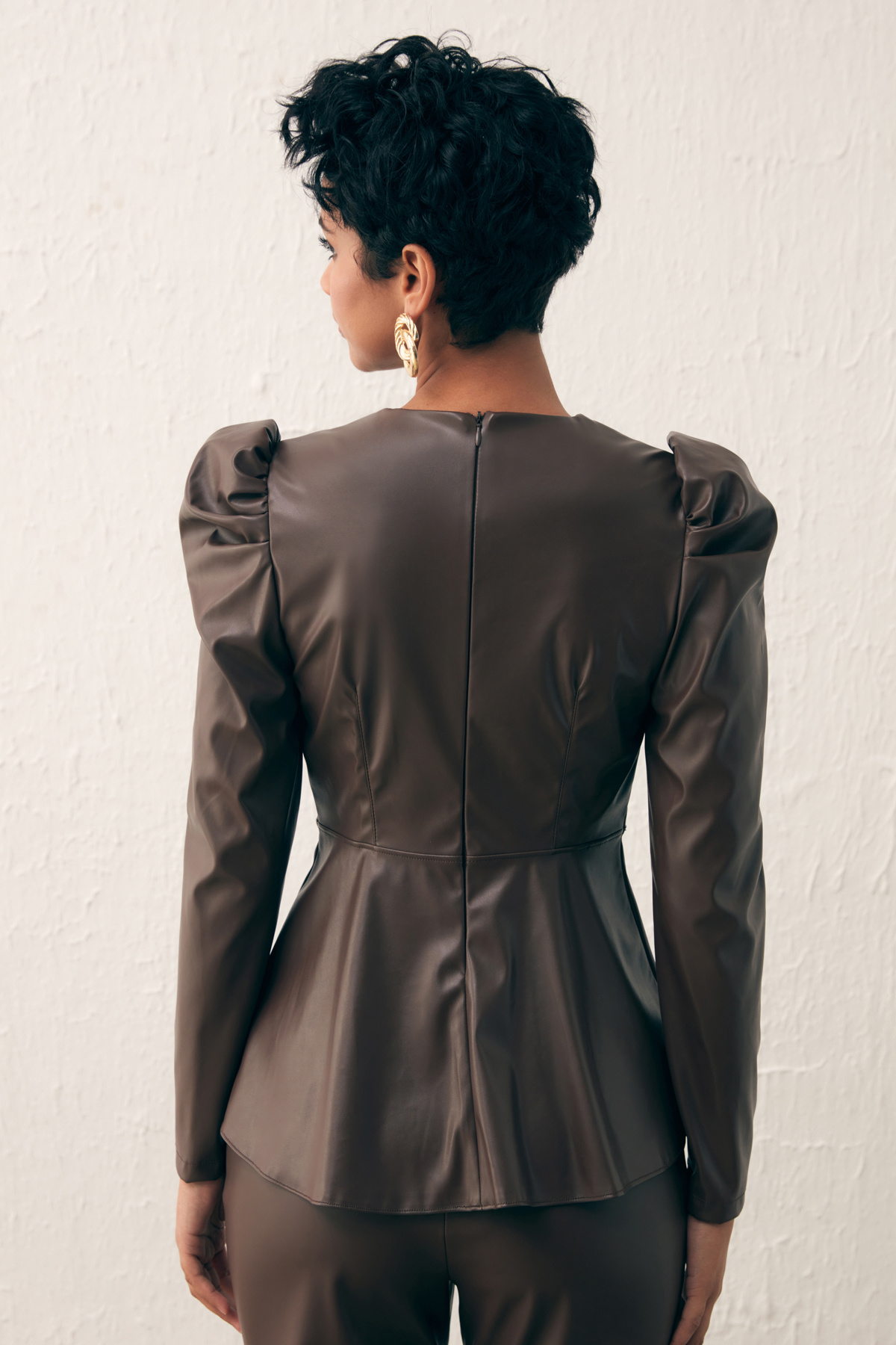 Kruvaze Deri Bluz - KOYU KAHVE