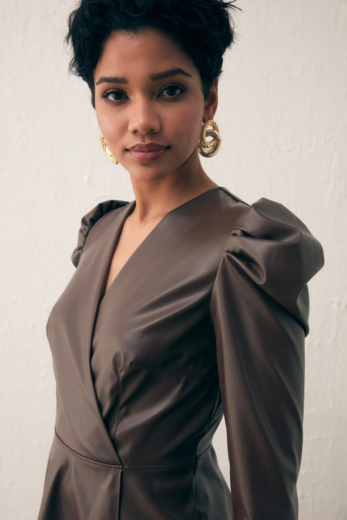 Kruvaze Deri Bluz - KOYU KAHVE