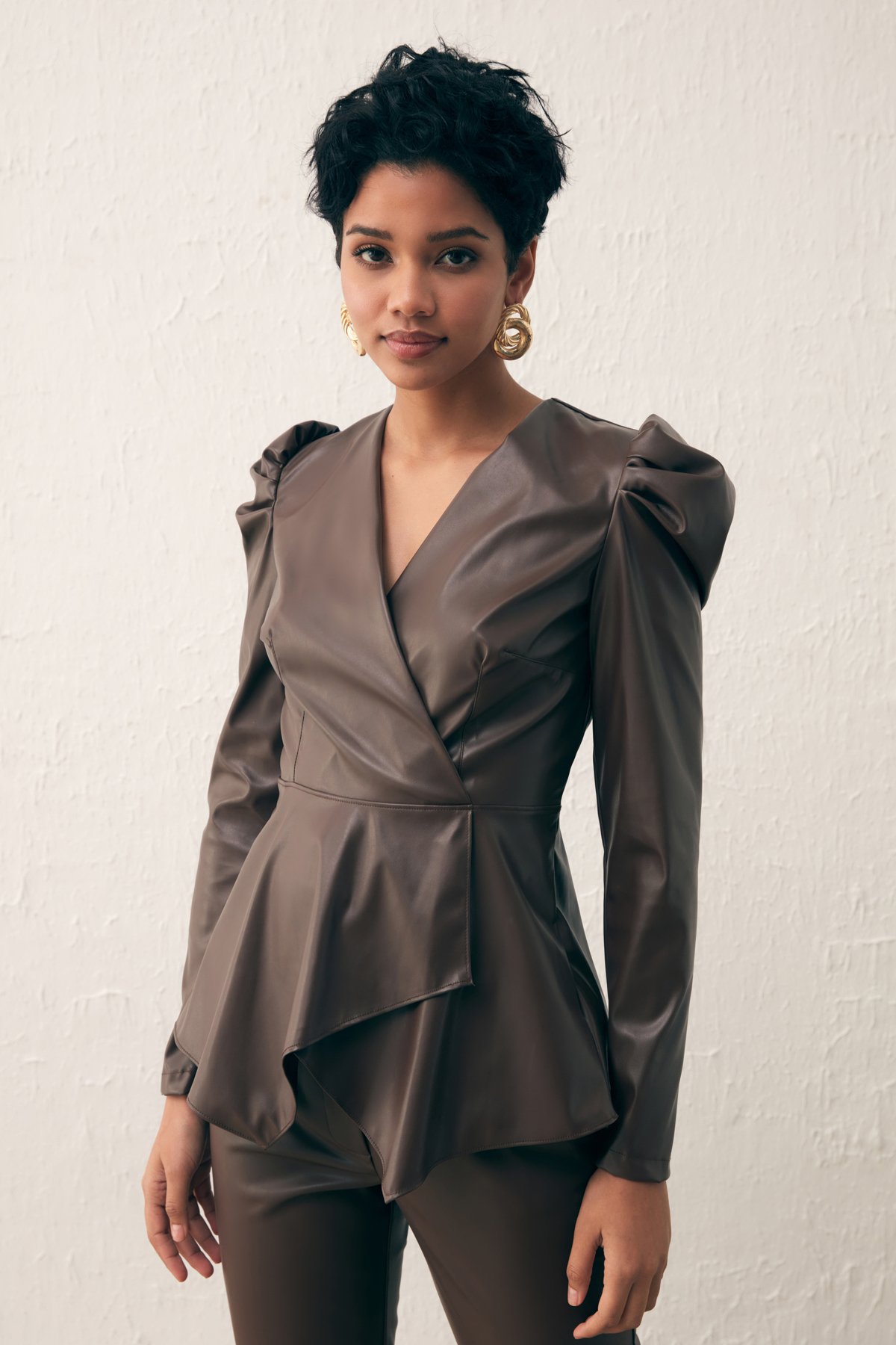 Kruvaze Deri Bluz - KOYU KAHVE