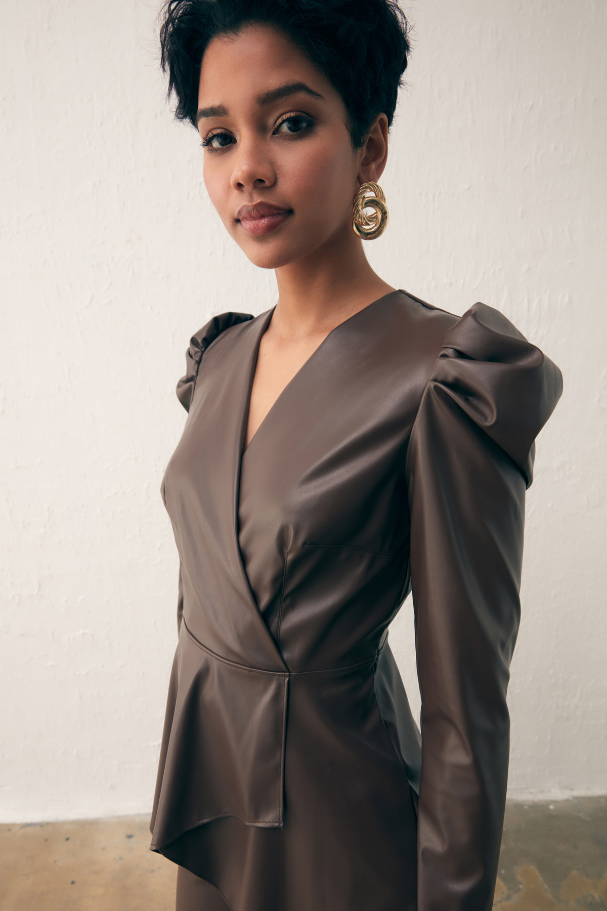 Kruvaze Deri Bluz - KOYU KAHVE