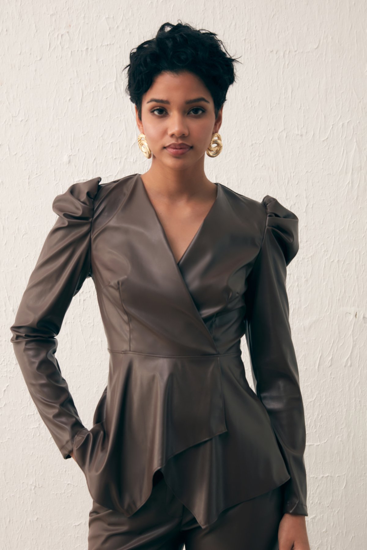 Kruvaze Deri Bluz - KOYU KAHVE