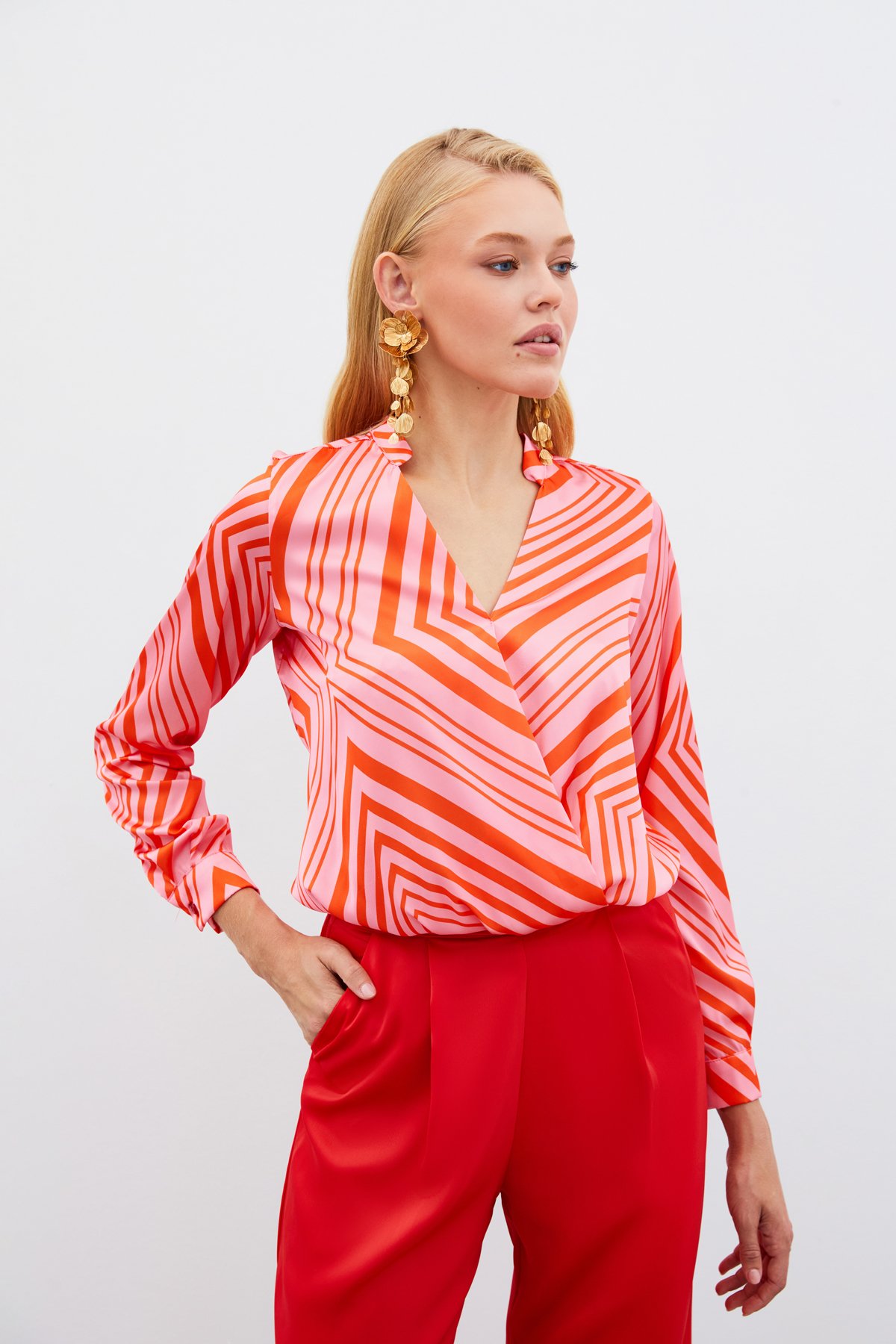 Kruvaze Desenli Bluz - FUSYA