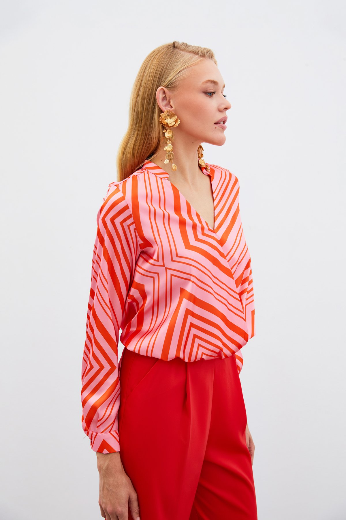 Kruvaze Desenli Bluz - FUSYA