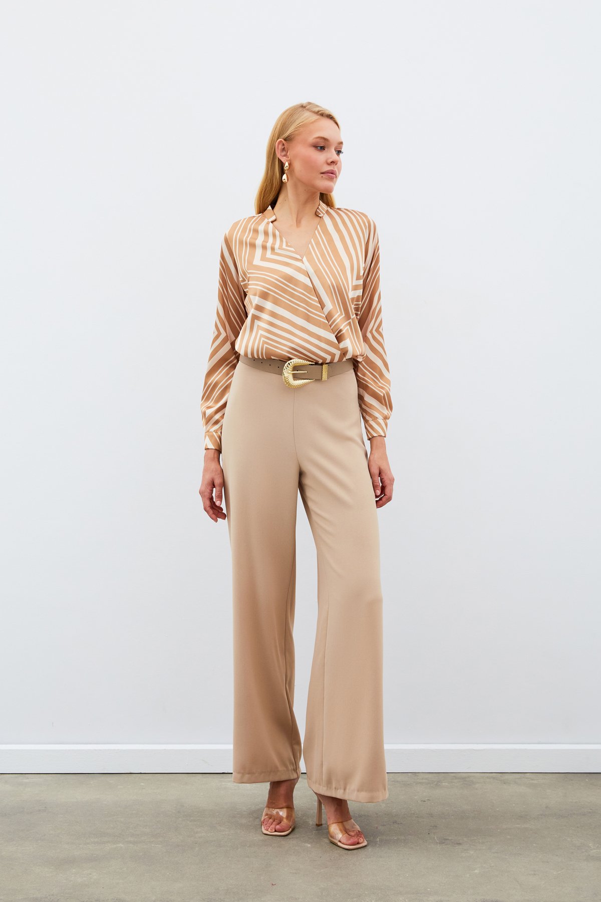 Kruvaze Desenli Bluz - KAHVE