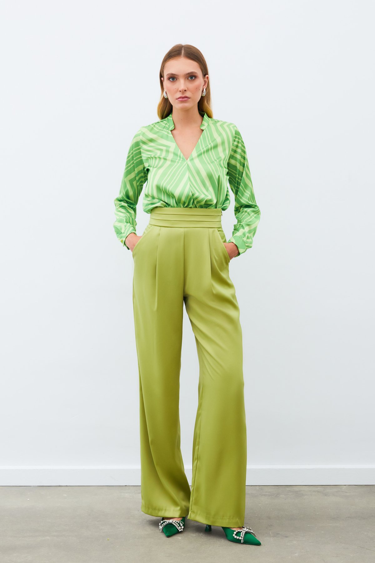 Kruvaze Desenli Bluz - YEŞİL