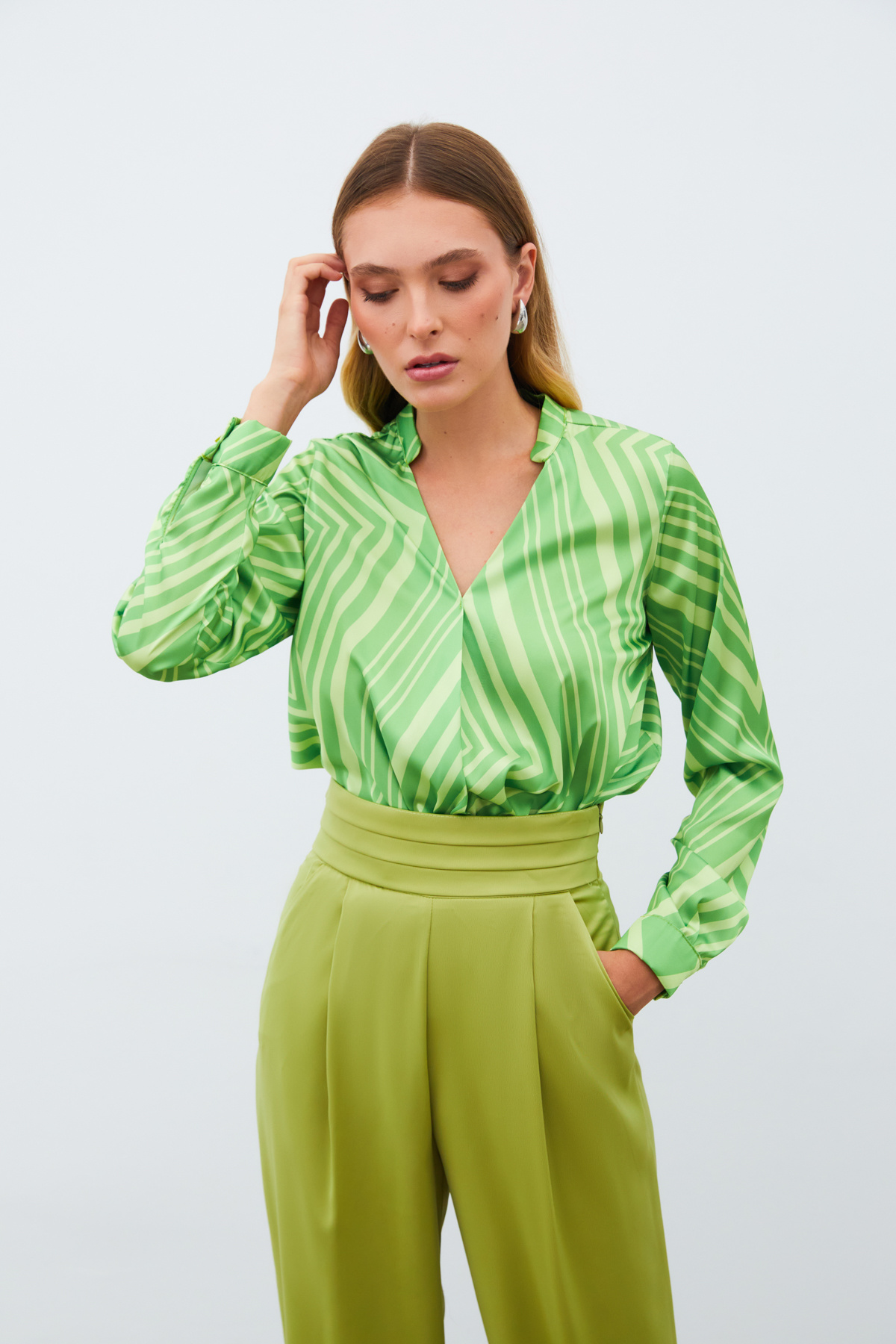 Kruvaze Desenli Bluz - YEŞİL