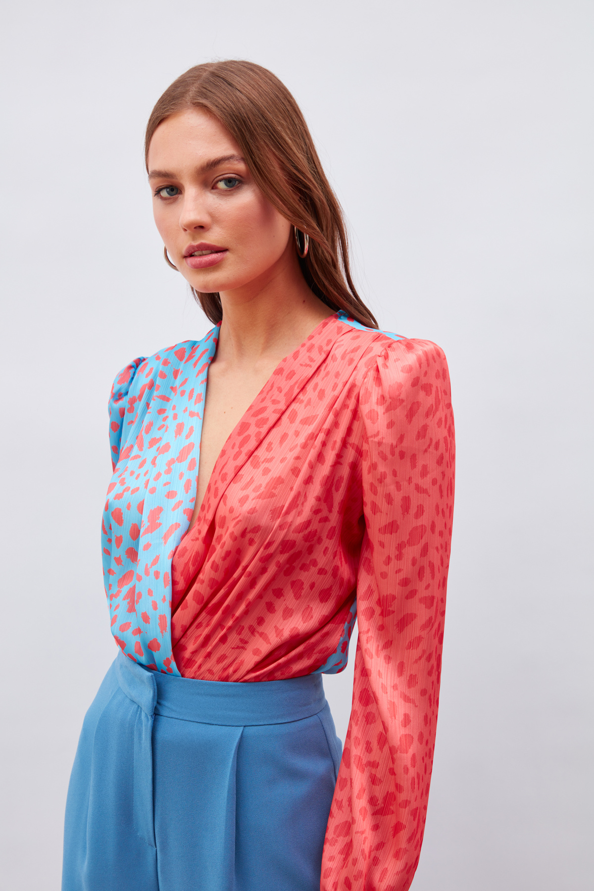 Kruvaze Desenli Bodysuit - BEBE MAVİ-MERCAN