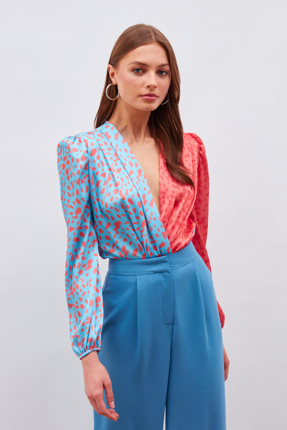 Kruvaze Desenli Bodysuit - BEBE MAVİ-MERCAN