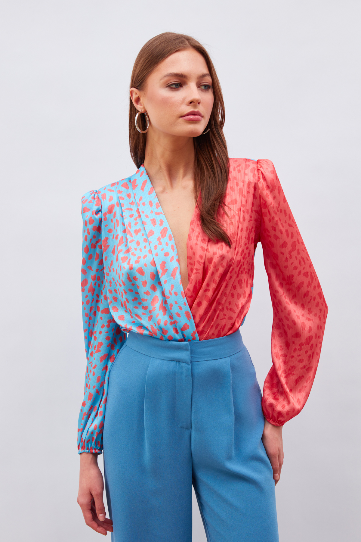 Kruvaze Desenli Bodysuit - BEBE MAVİ-MERCAN