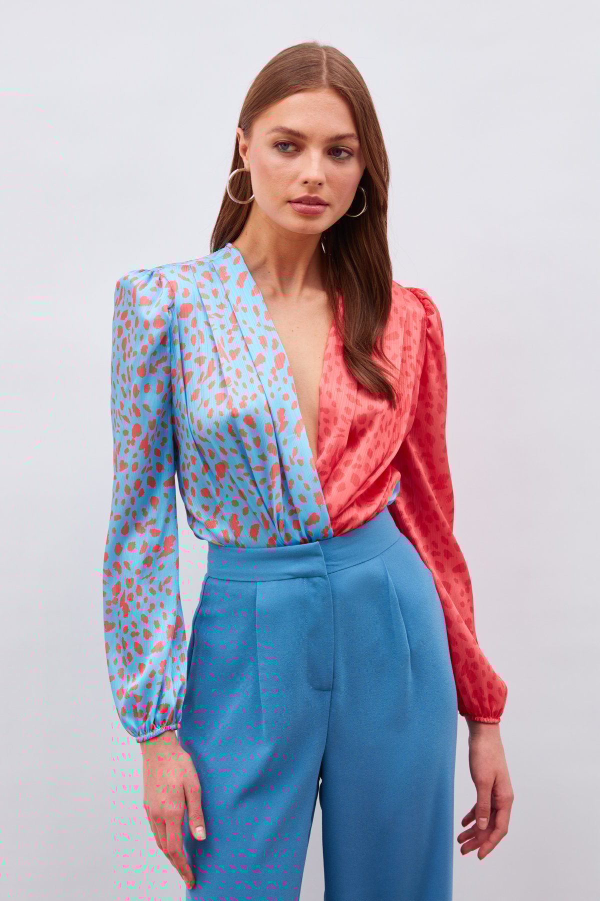 Kruvaze Desenli Bodysuit - BEBE MAVİ-MERCAN