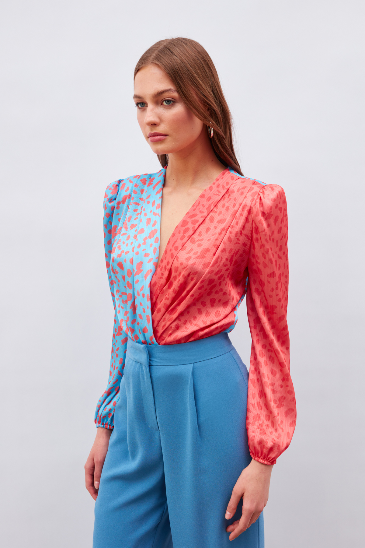 Kruvaze Desenli Bodysuit - BEBE MAVİ-MERCAN