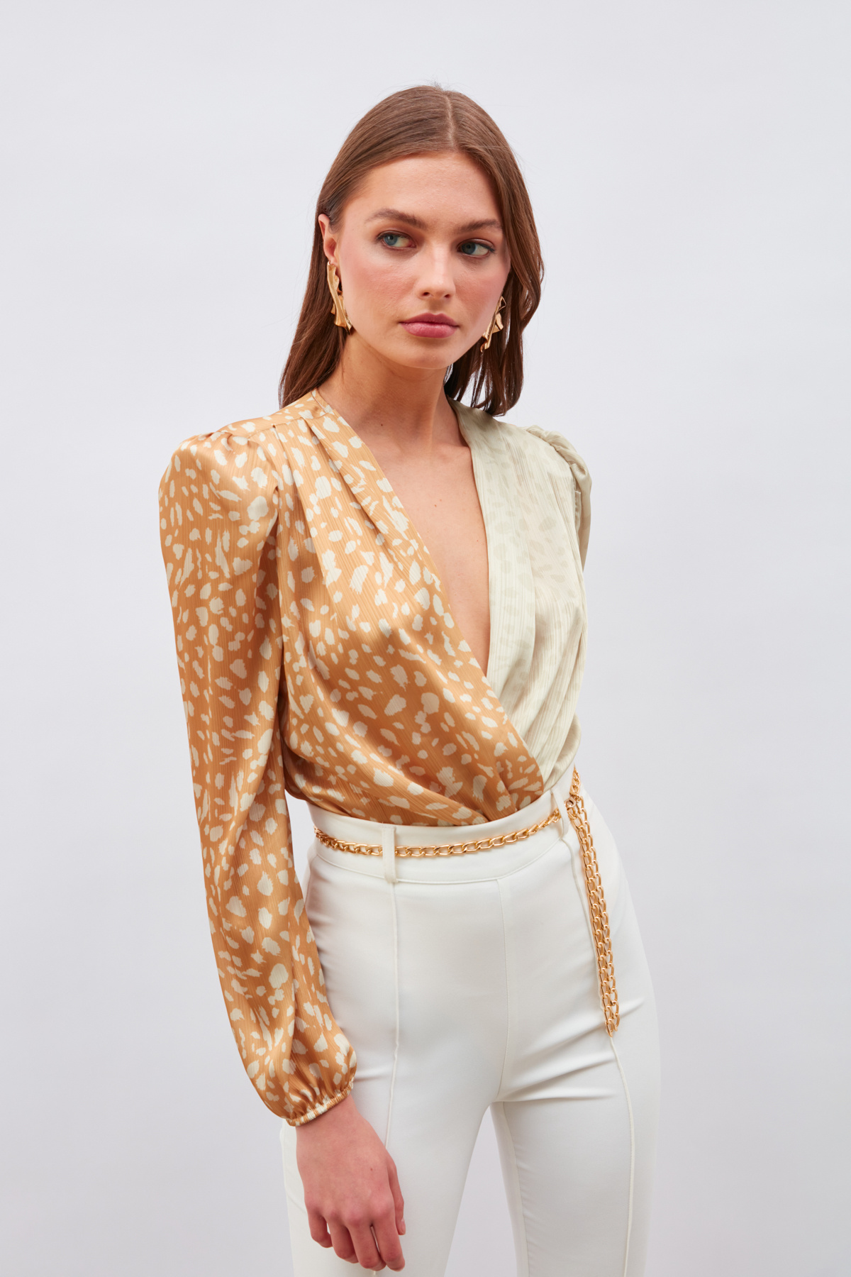 Kruvaze Desenli Bodysuit - BEJ-CAMEL