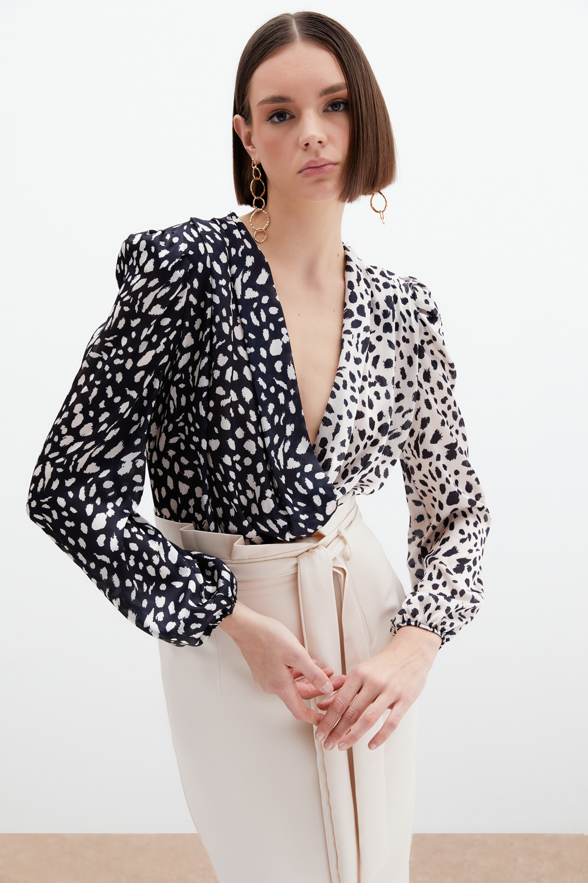 Double Breasted Patterned Bodysuit - Beıge-black