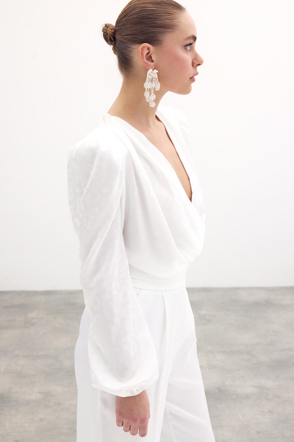 Kruvaze Desenli Bodysuit Bluz - Ekru