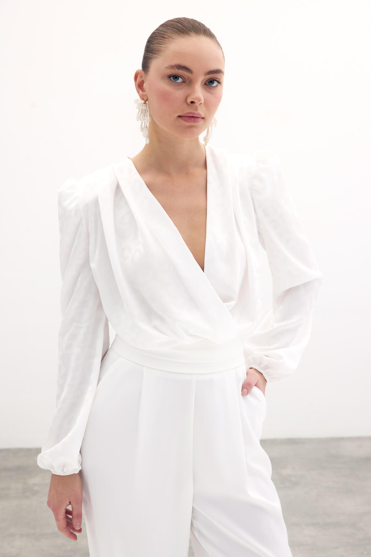 Kruvaze Desenli Bodysuit Bluz - Ekru