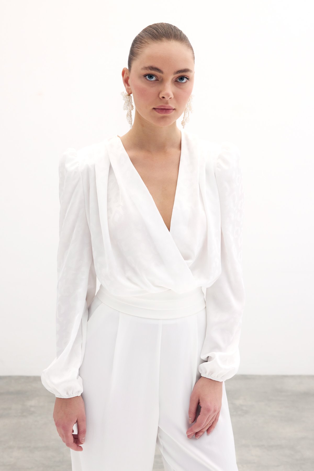 Kruvaze Desenli Bodysuit Bluz - Ekru