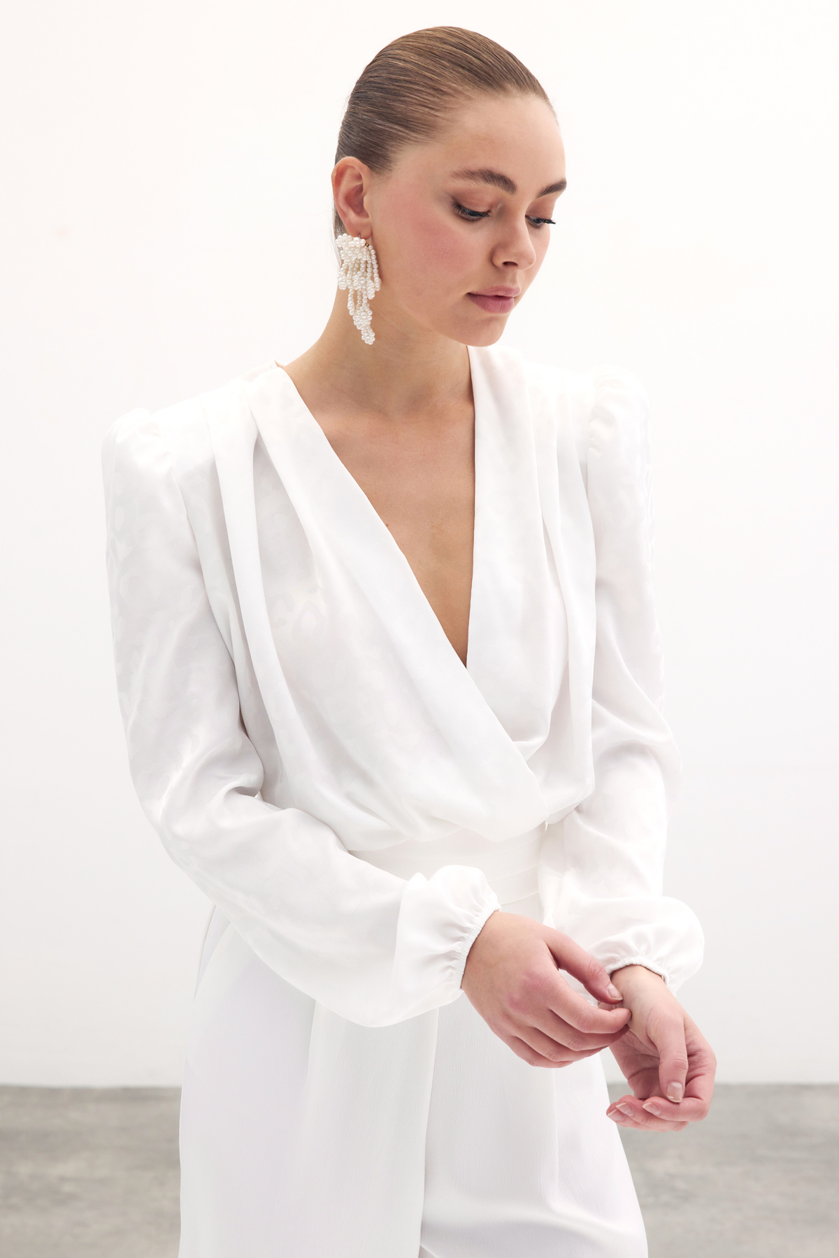 Kruvaze Desenli Bodysuit Bluz - Ekru