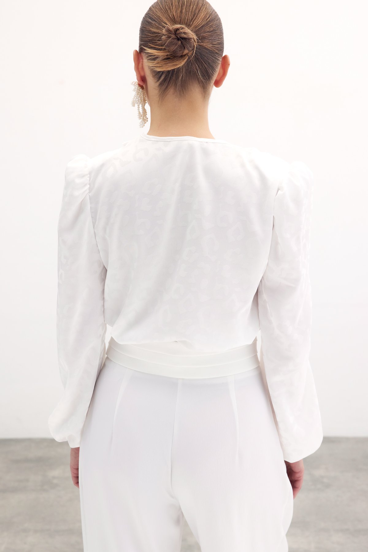 Kruvaze Desenli Bodysuit Bluz - Ekru