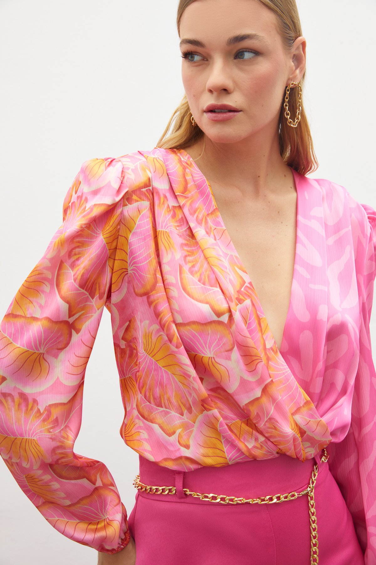 Kruvaze Desenli Bodysuit Bluz - FUŞYA