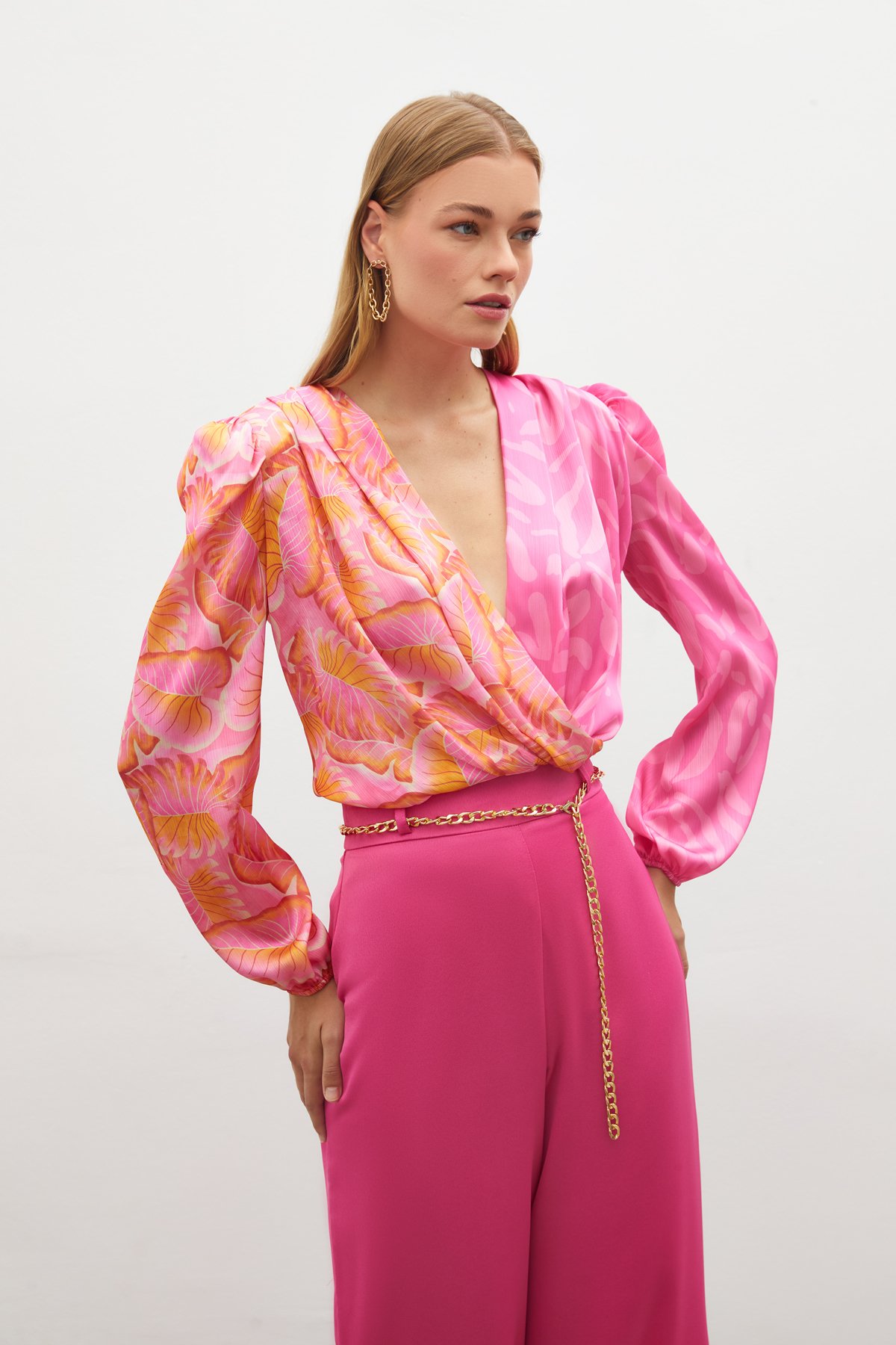 Kruvaze Desenli Bodysuit Bluz - FUŞYA