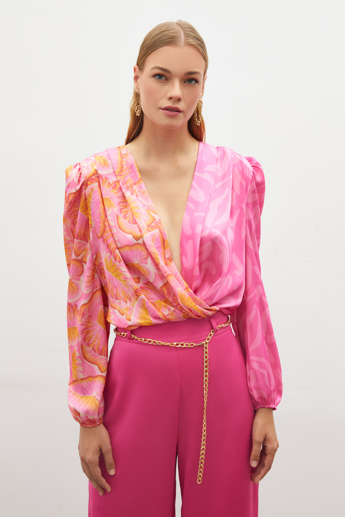 Kruvaze Desenli Bodysuit Bluz - FUŞYA