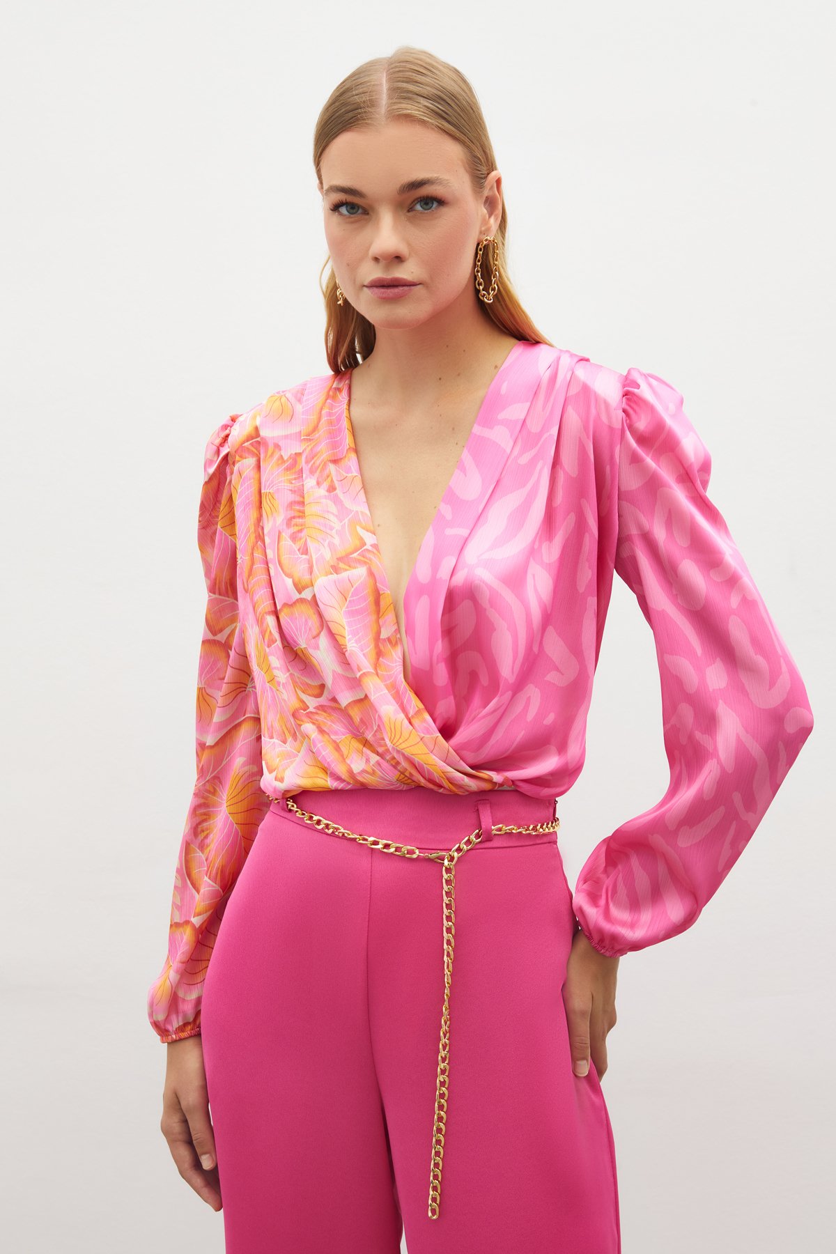 Kruvaze Desenli Bodysuit Bluz - FUŞYA