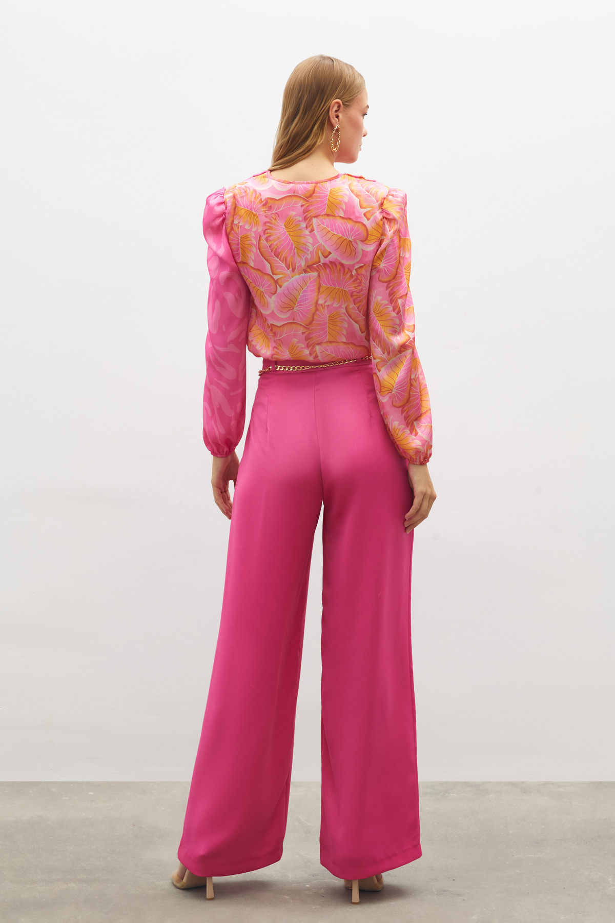 Kruvaze Desenli Bodysuit Bluz - FUŞYA