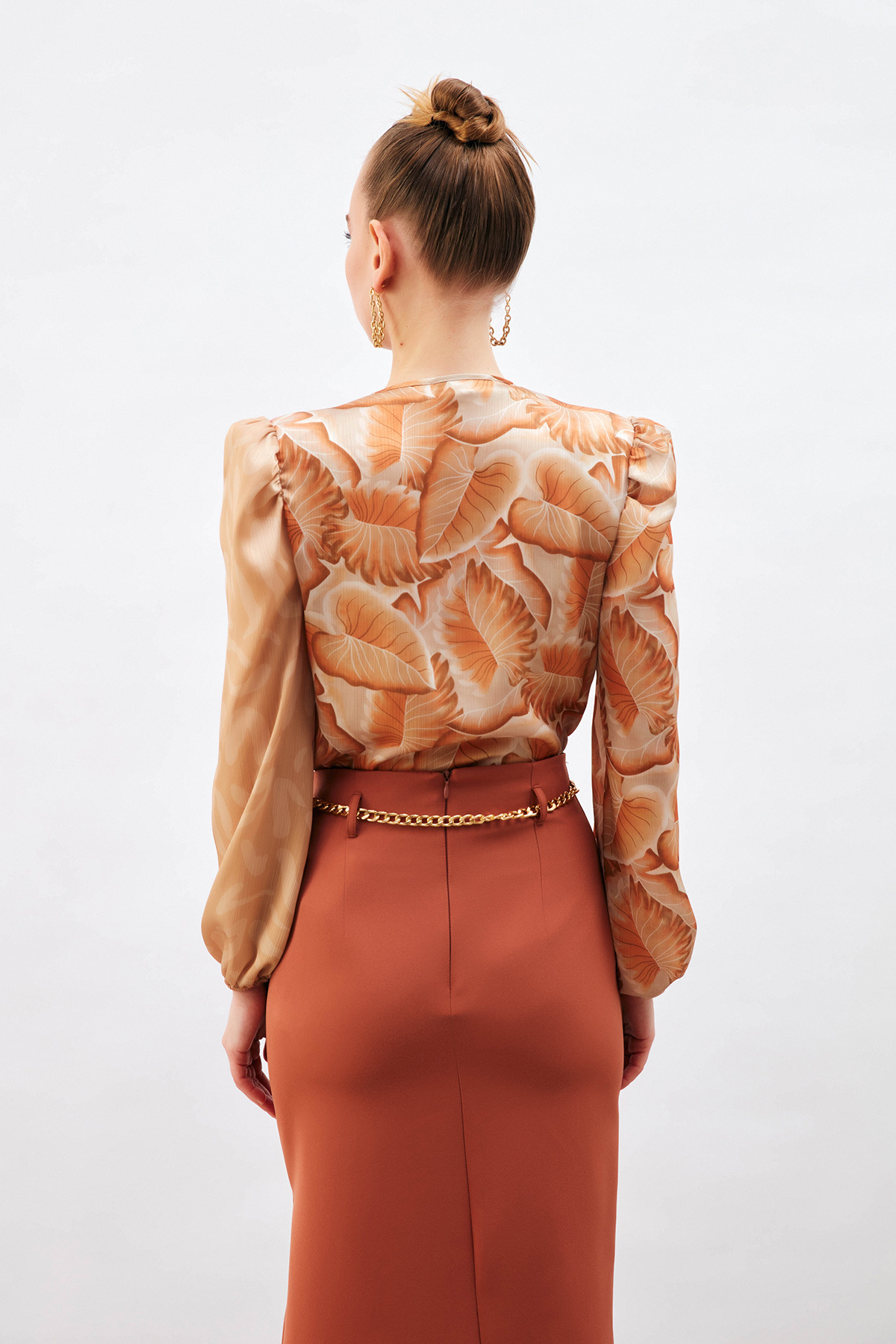 Kruvaze Desenli Bodysuit Bluz - KAHVE