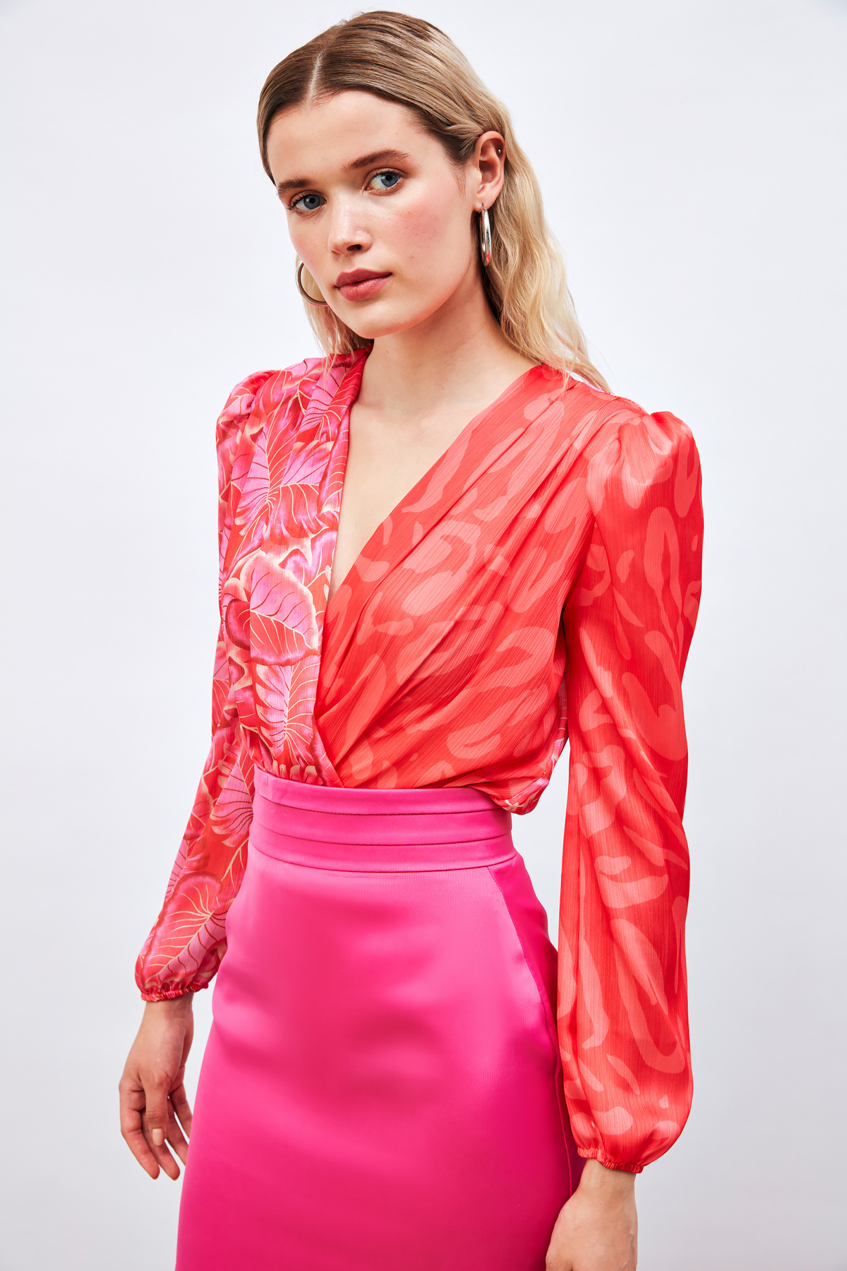 Kruvaze Desenli Bodysuit Bluz - KIRMIZI