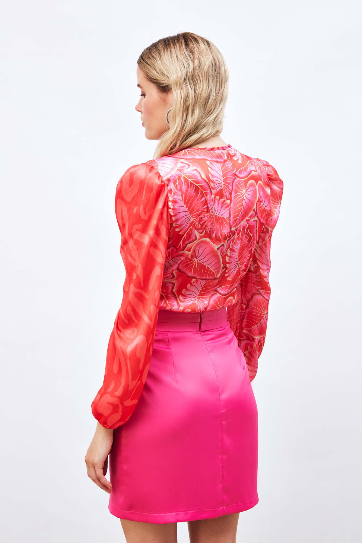 Kruvaze Desenli Bodysuit Bluz - KIRMIZI