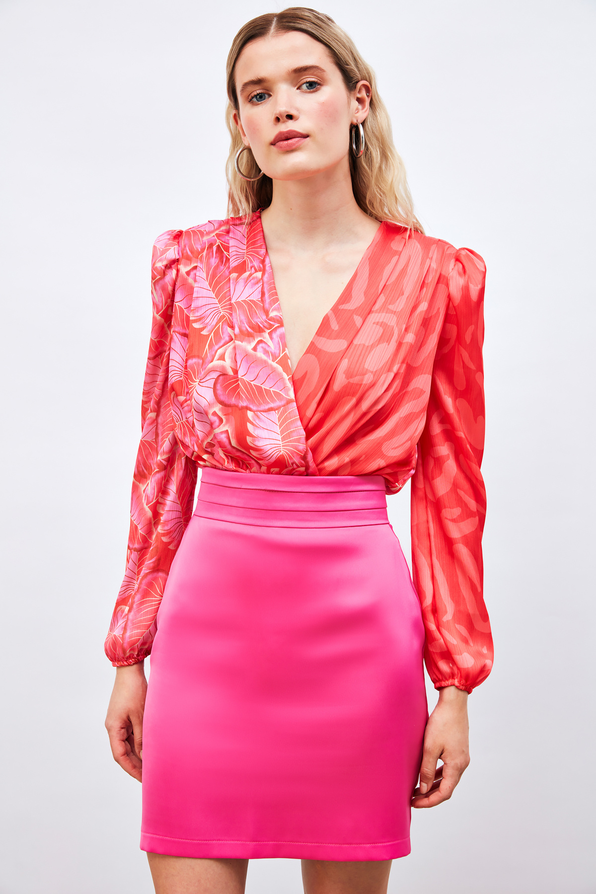 Kruvaze Desenli Bodysuit Bluz - KIRMIZI