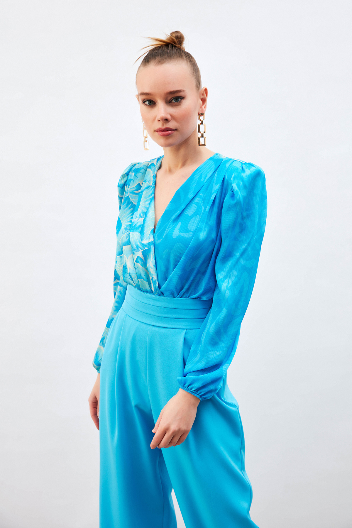 Kruvaze Desenli Bodysuit Bluz - MAVİ