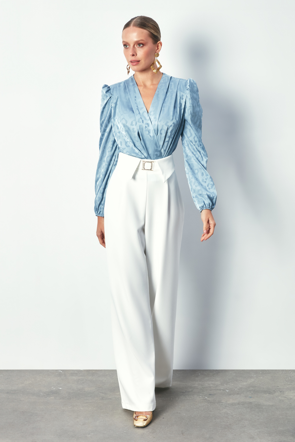 Kruvaze Desenli Bodysuit Bluz - MAVİ