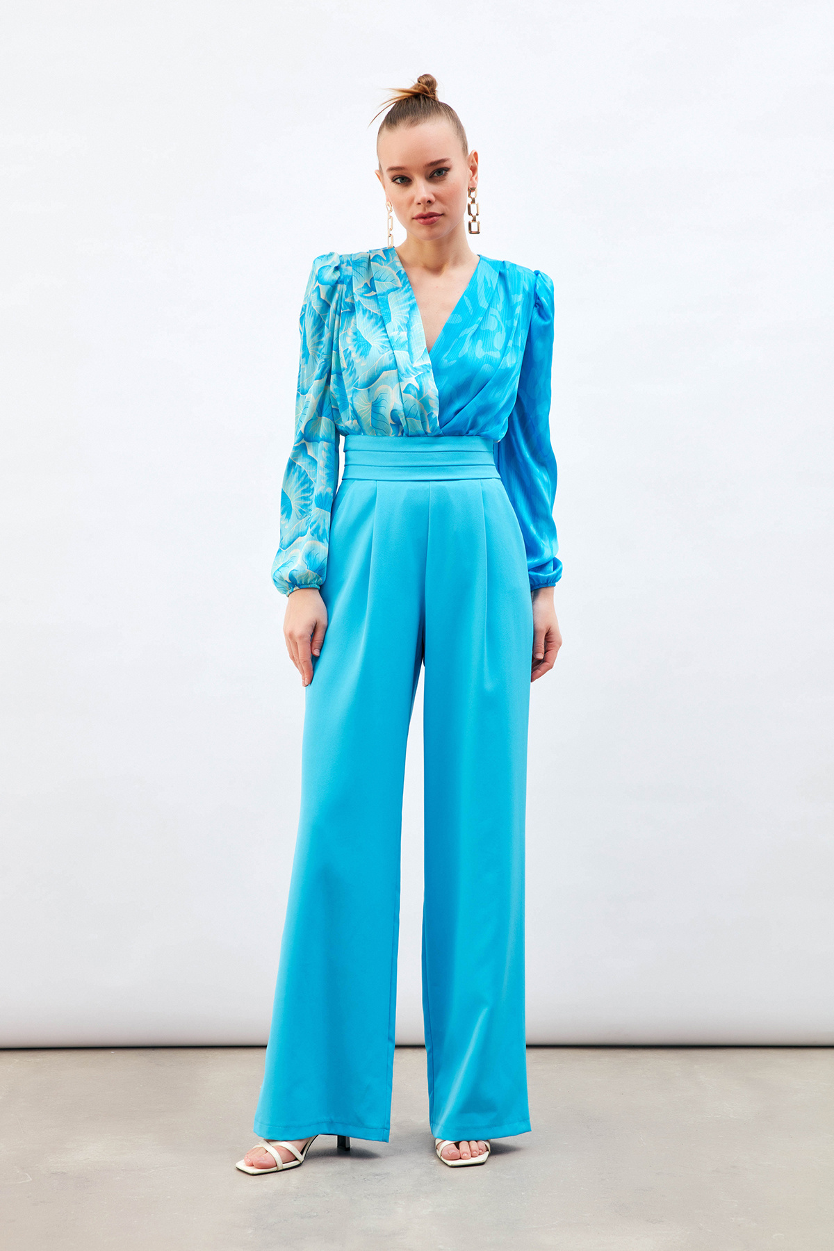 Kruvaze Desenli Bodysuit Bluz - MAVİ