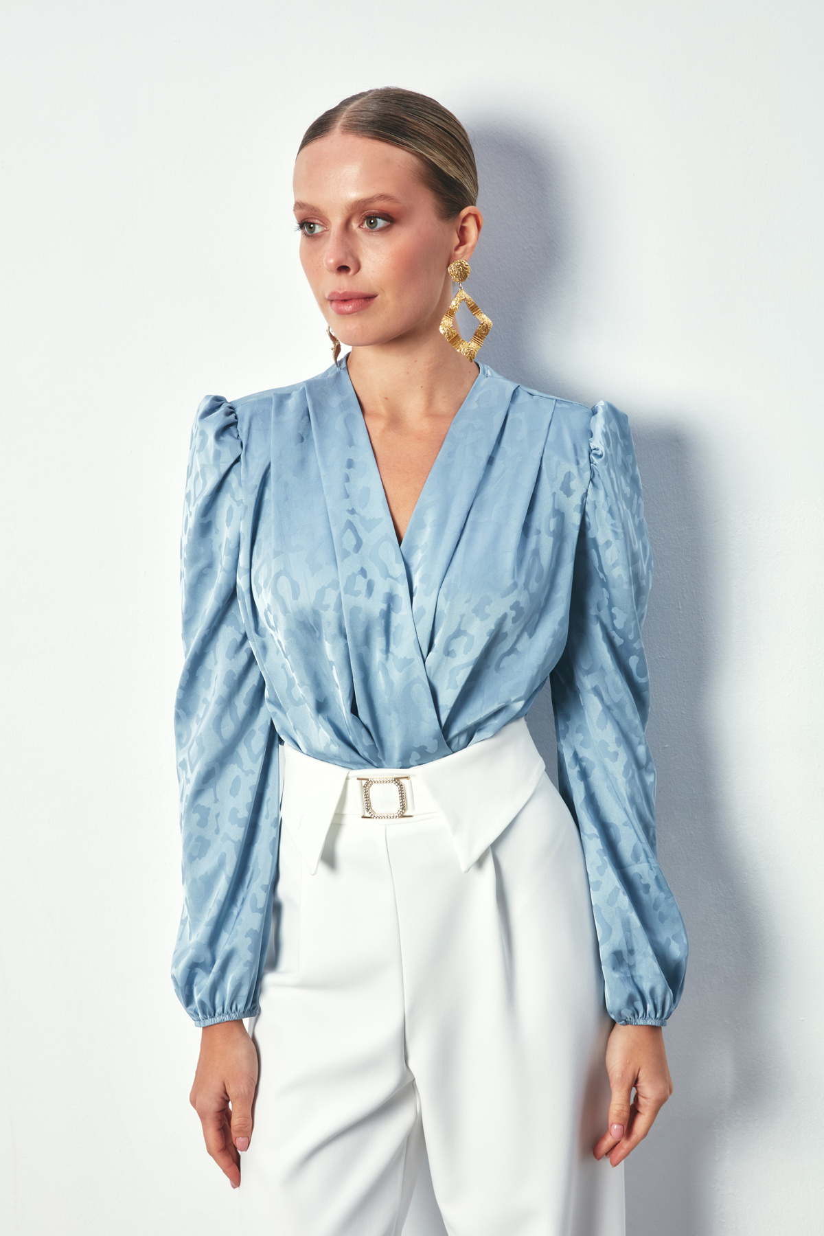 Kruvaze Desenli Bodysuit Bluz - MAVİ