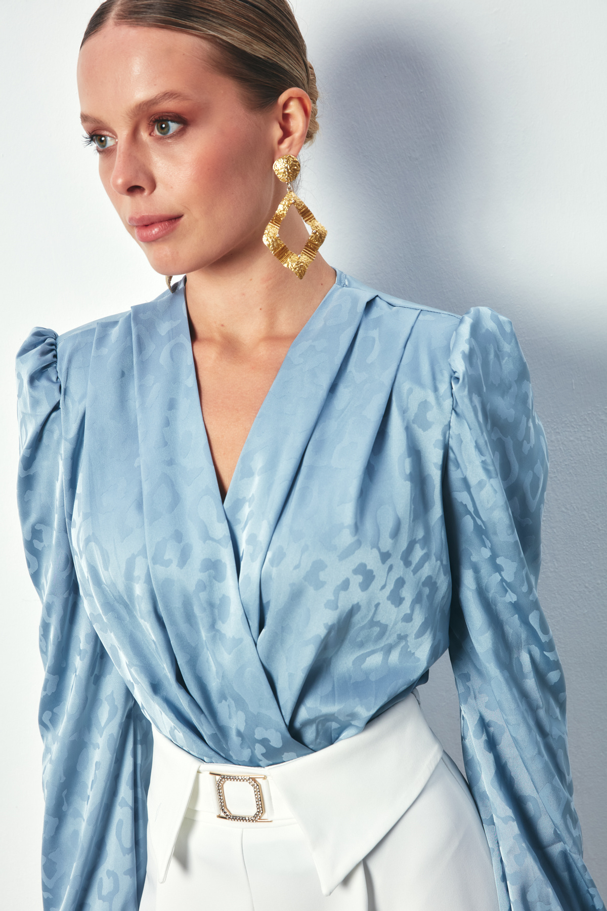 Kruvaze Desenli Bodysuit Bluz - MAVİ