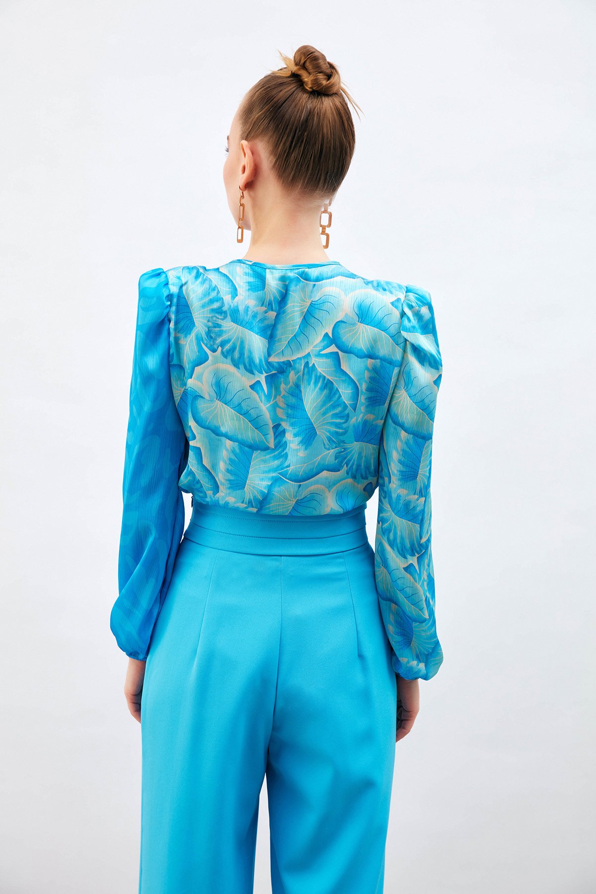 Kruvaze Desenli Bodysuit Bluz - MAVİ