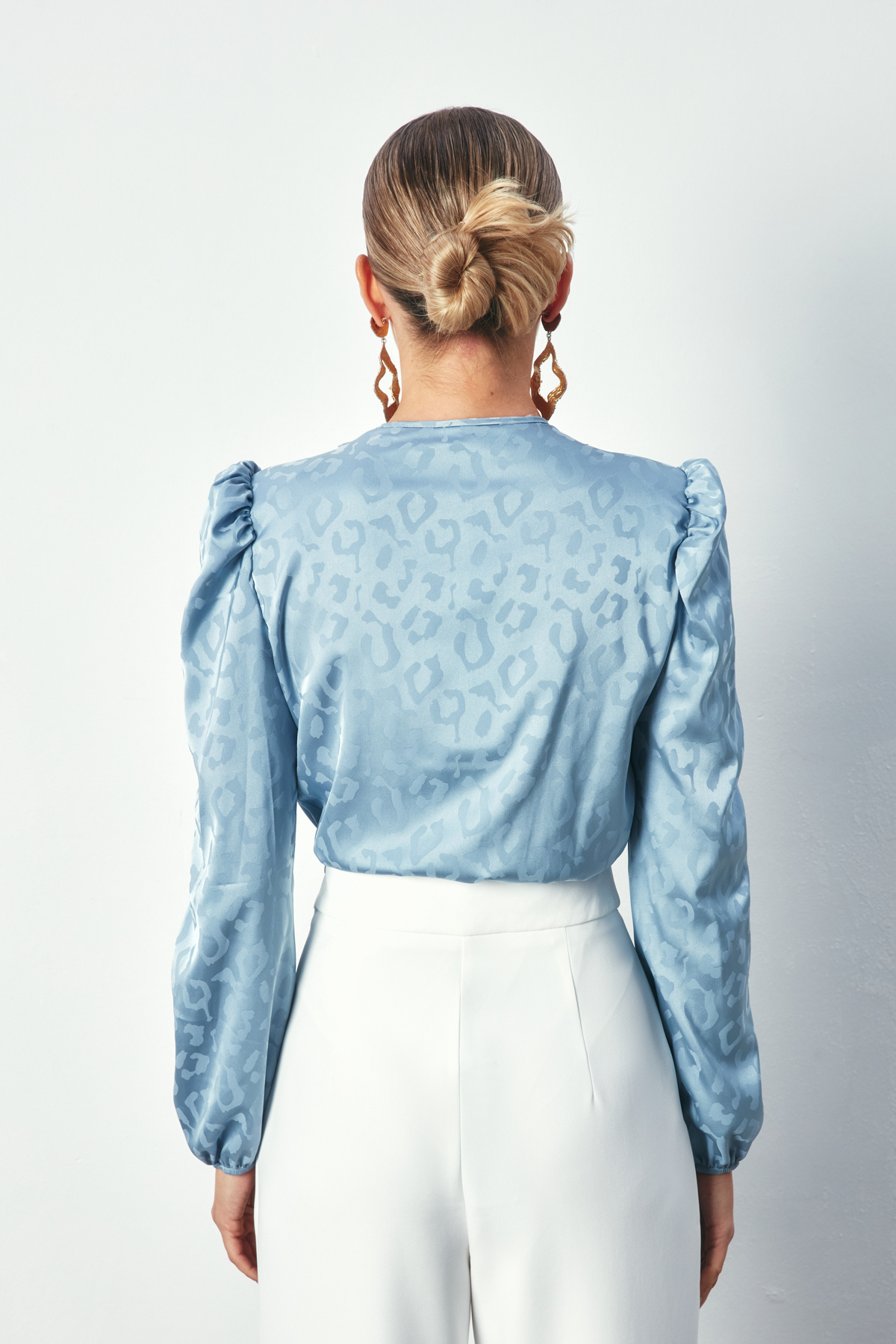 Kruvaze Desenli Bodysuit Bluz - MAVİ