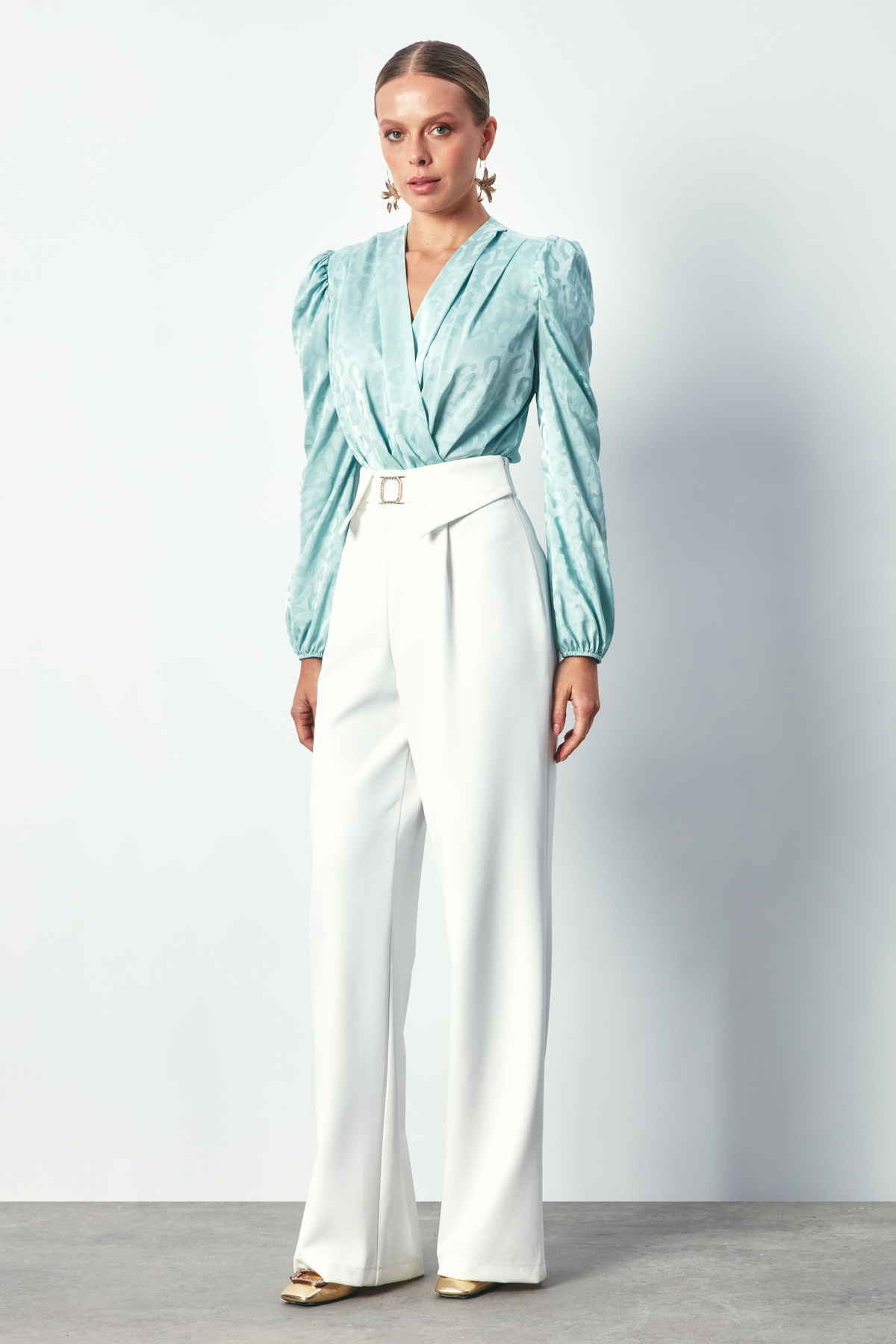 Double Breasted Patterned Bodysuit Blouse - MINT