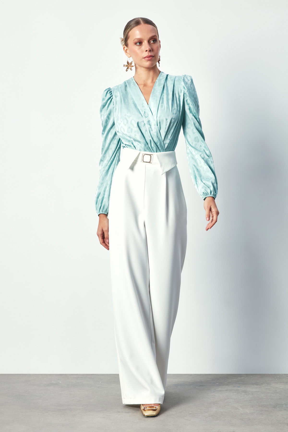 Double Breasted Patterned Bodysuit Blouse - MINT