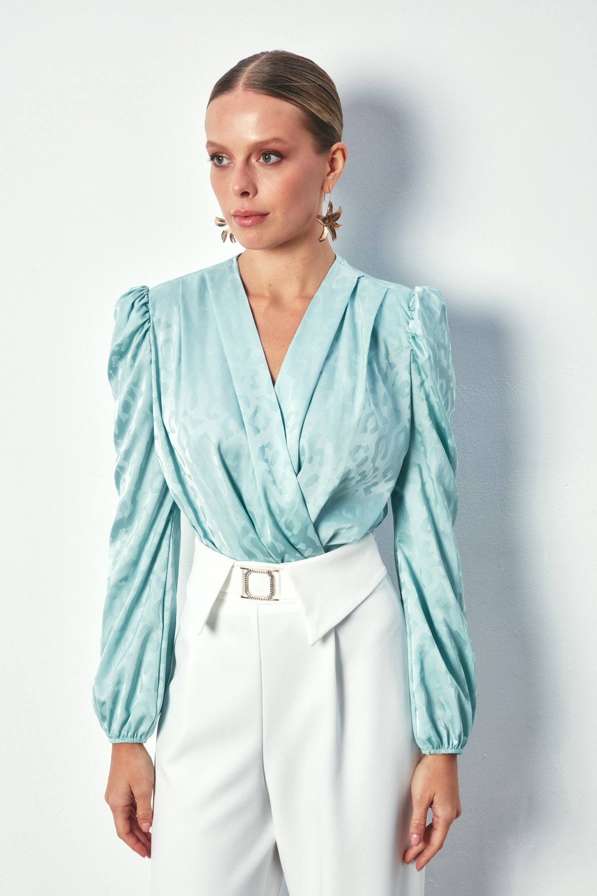 Double Breasted Patterned Bodysuit Blouse - MINT