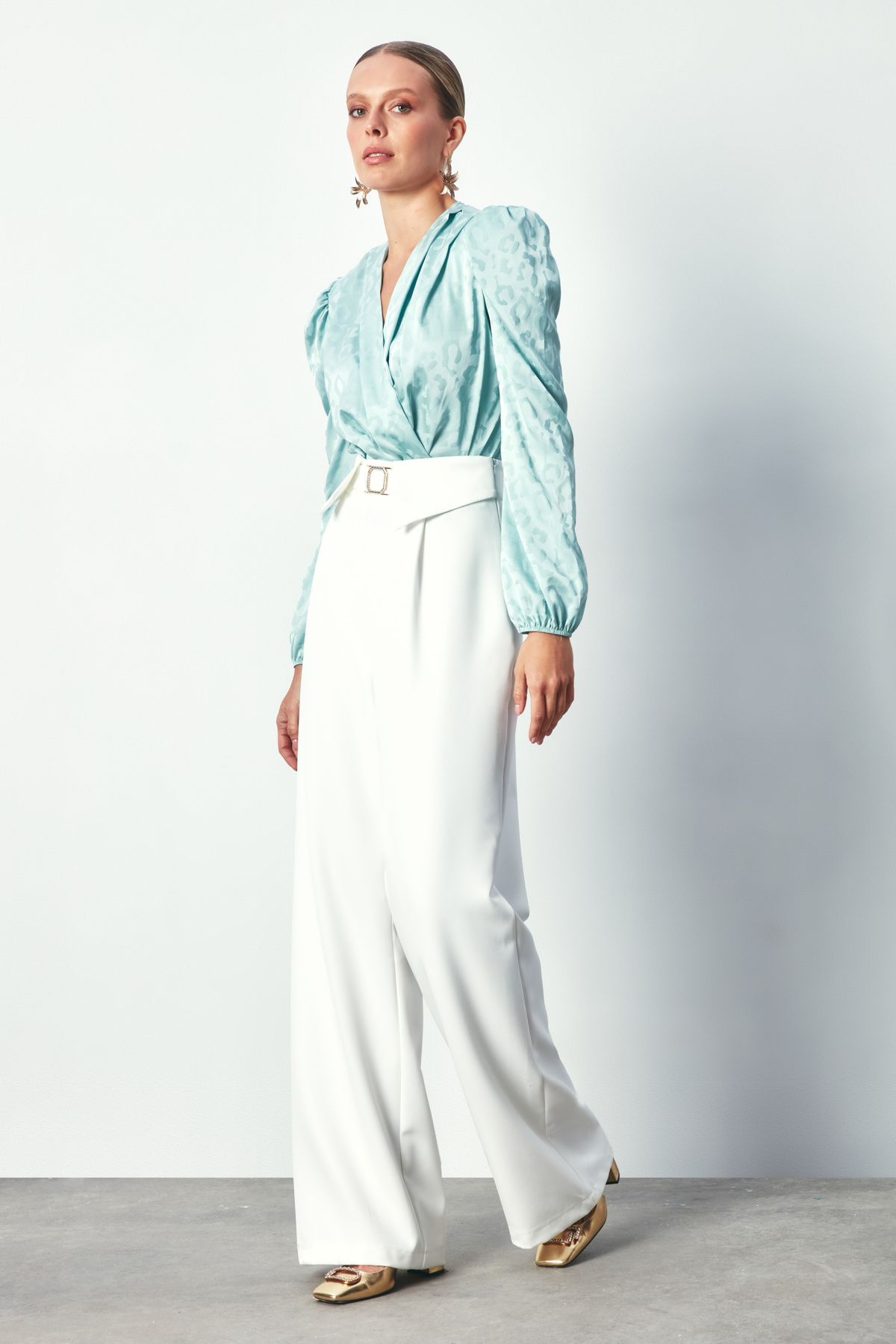 Double Breasted Patterned Bodysuit Blouse - MINT