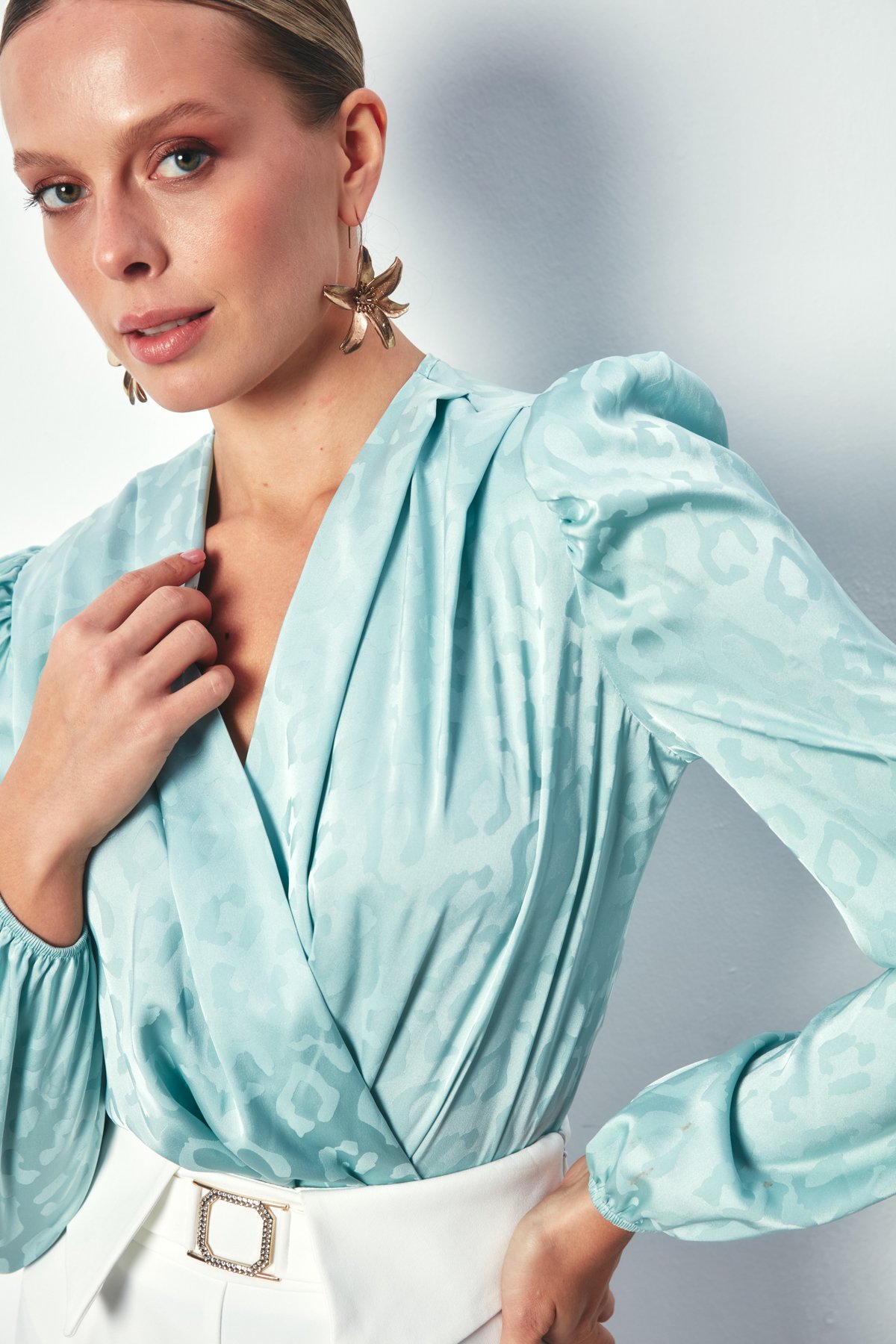 Double Breasted Patterned Bodysuit Blouse - MINT