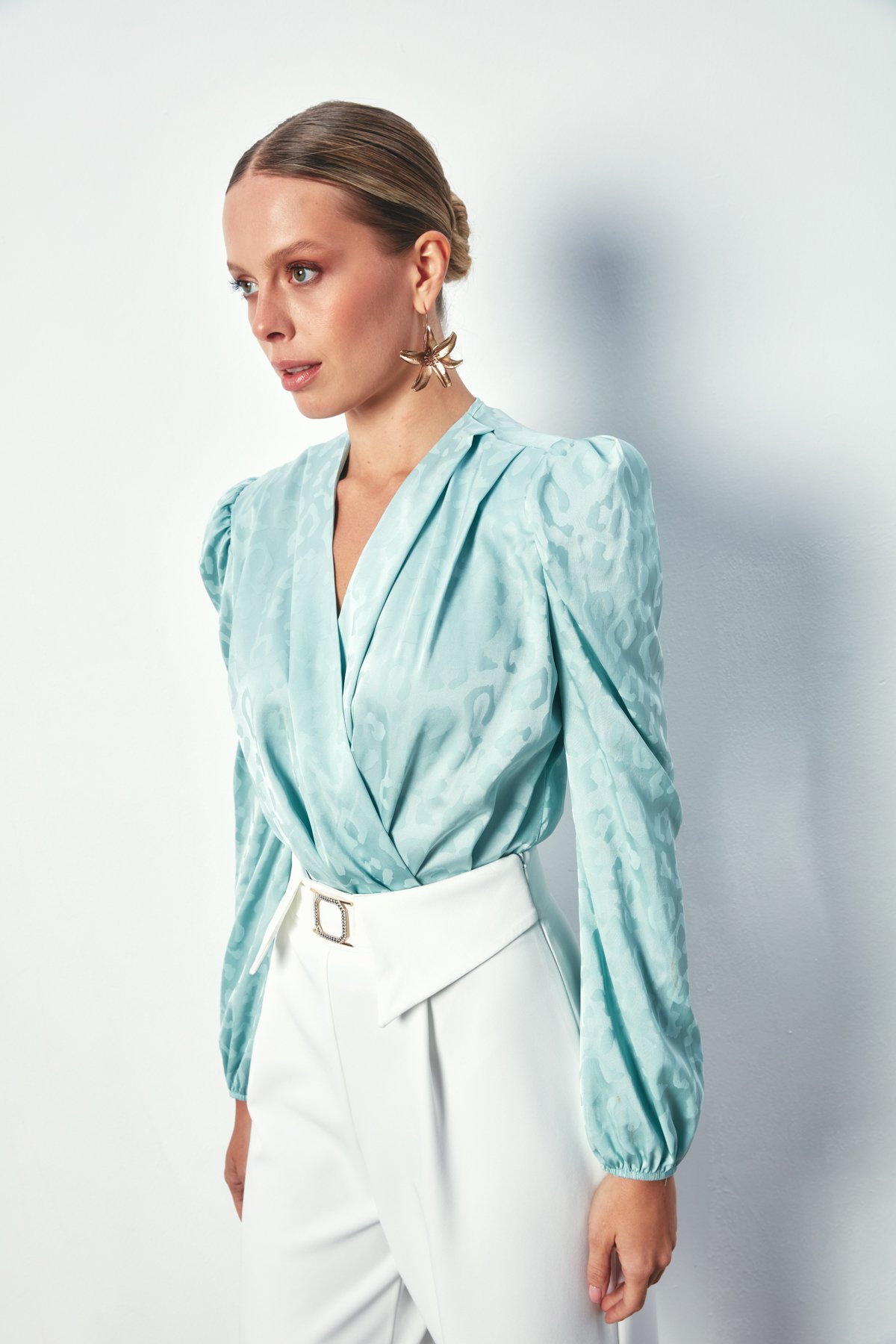 Double Breasted Patterned Bodysuit Blouse - MINT