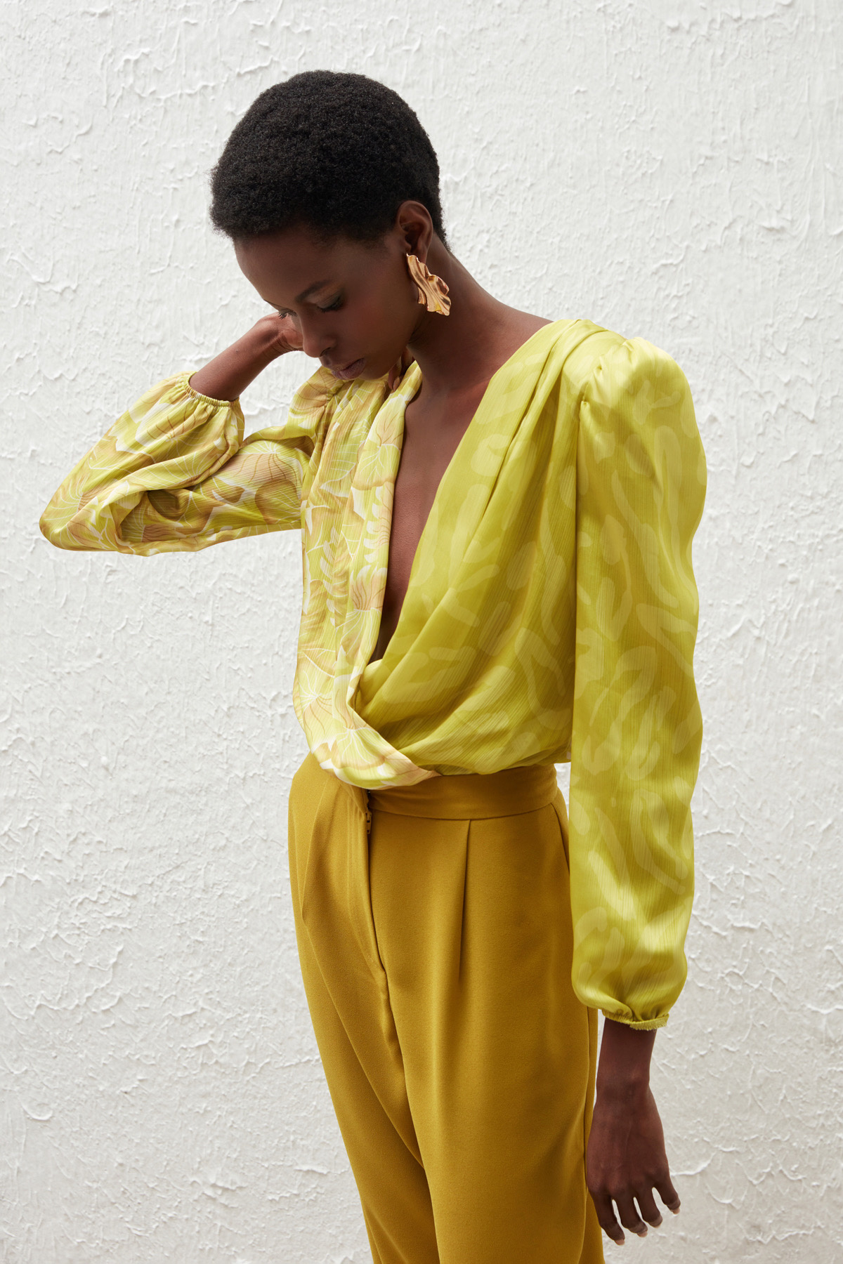 Kruvaze Desenli Bodysuit Bluz - OLİVE