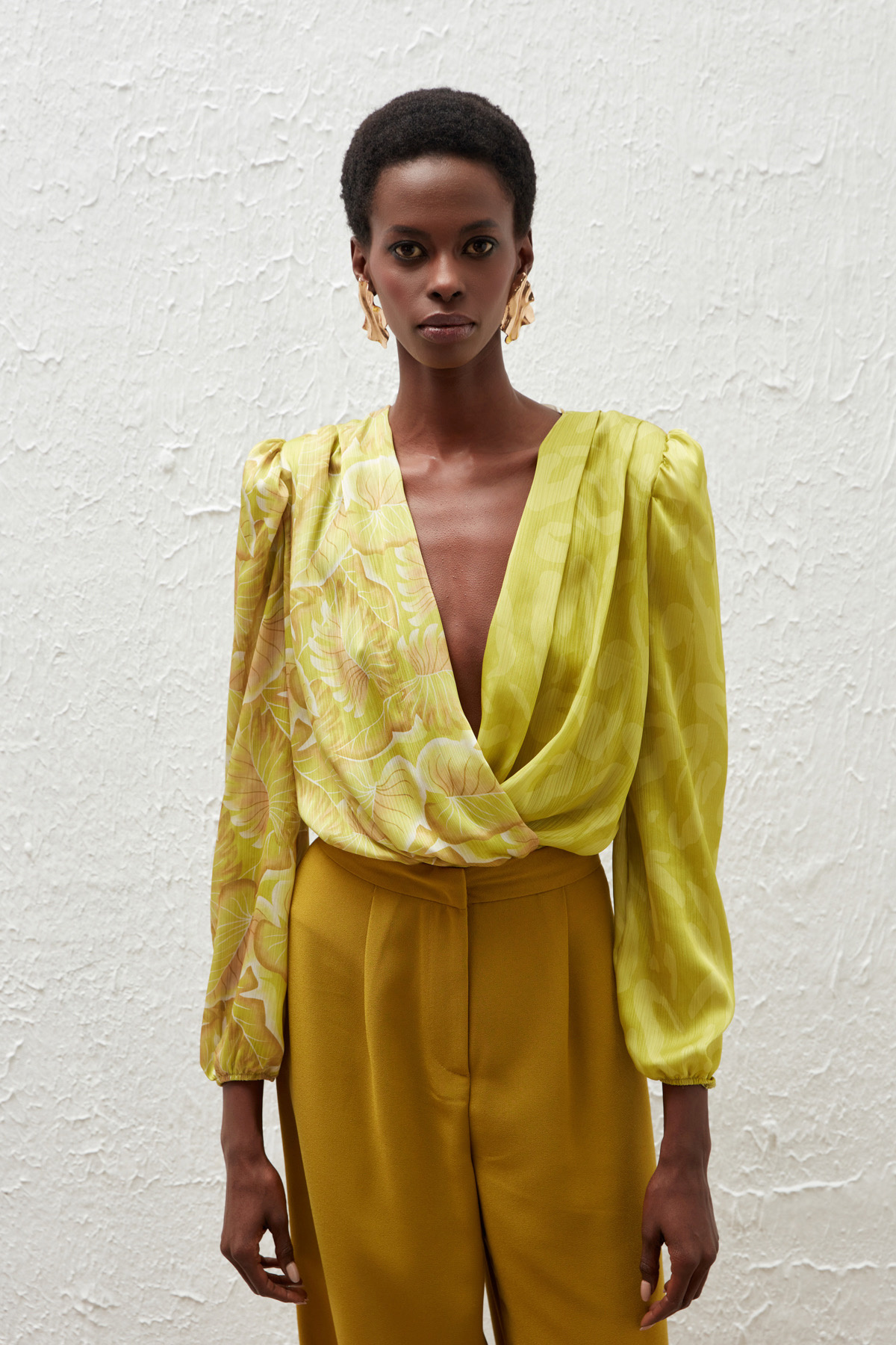 Kruvaze Desenli Bodysuit Bluz - OLİVE