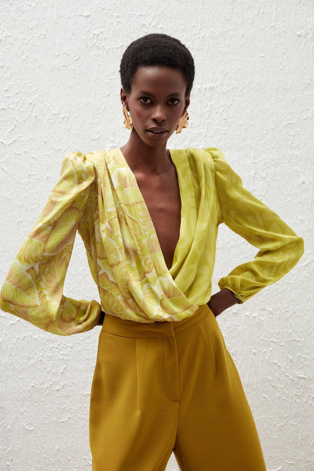 Kruvaze Desenli Bodysuit Bluz - OLİVE